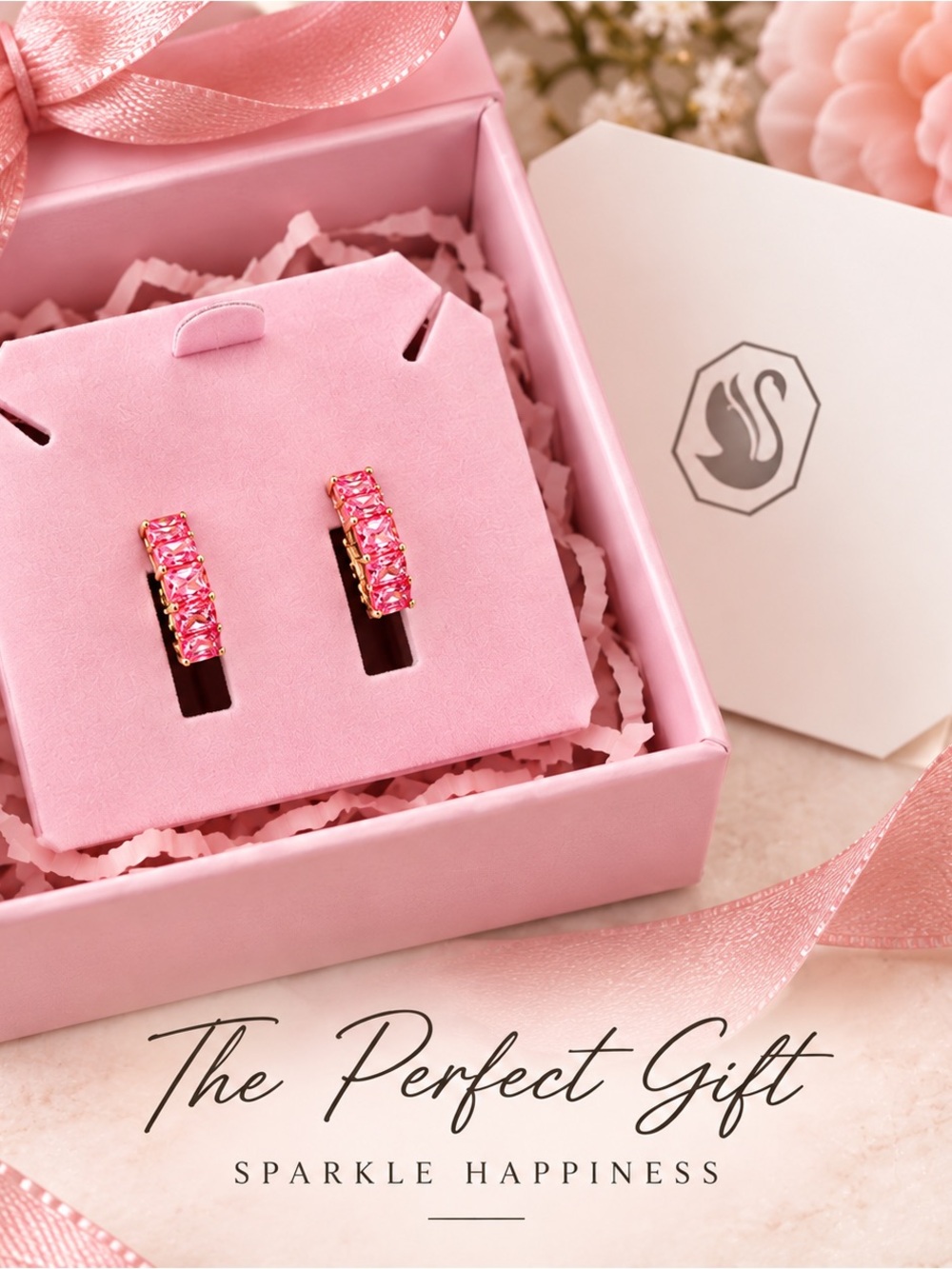 Swarovski Matrix Heart Hoop Earrings Pink Baguette Crystal Gold Tone W/Box